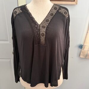 Free People Lola Oversized Slouchy Thin Mesh Lace Boho Flowy Henley Shirt